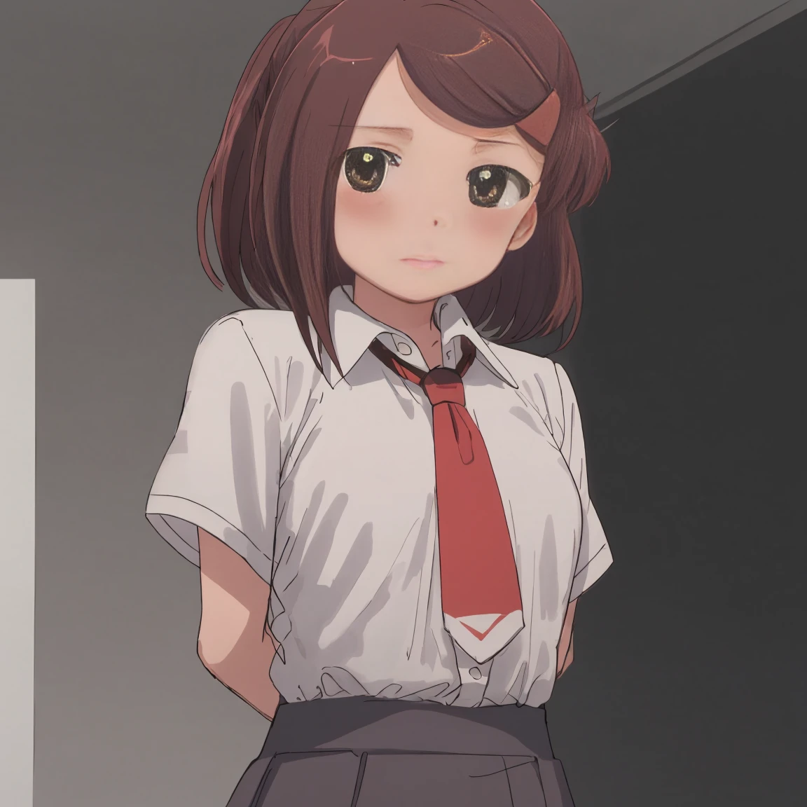 1girl, (suminoe_ako:1.3), standing, solo, blush, upper body, closed mouth, skirt, white shirt, (red necktie:1.0), looking at viewer, (brown:1.5) short sleeves, arms behind back