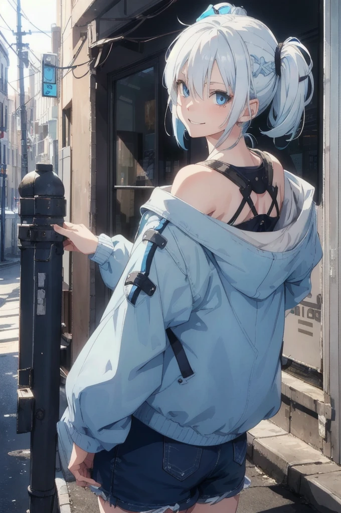 A girl with white hair and light blue tips and blue eyes is turned around smiling at someone and wearing a hunter's clothing.