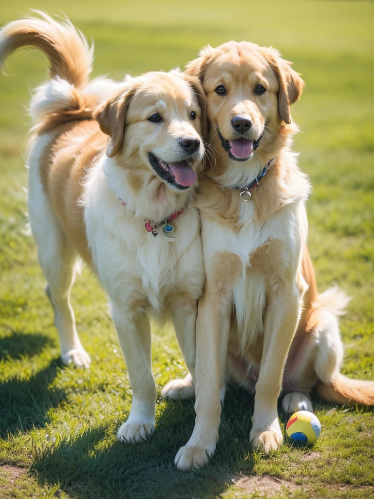 cute dog, golden retriever, dog playing with ball, adorable pet, happy expression, wagging tail, fluffy fur, outdoors, natural lighting, (best quality,4k,8k,highres,masterpiece:1.2),ultra-detailed,(realistic,photorealistic,photo-realistic:1.37),vibrant colors,shallow depth of field,natural environment