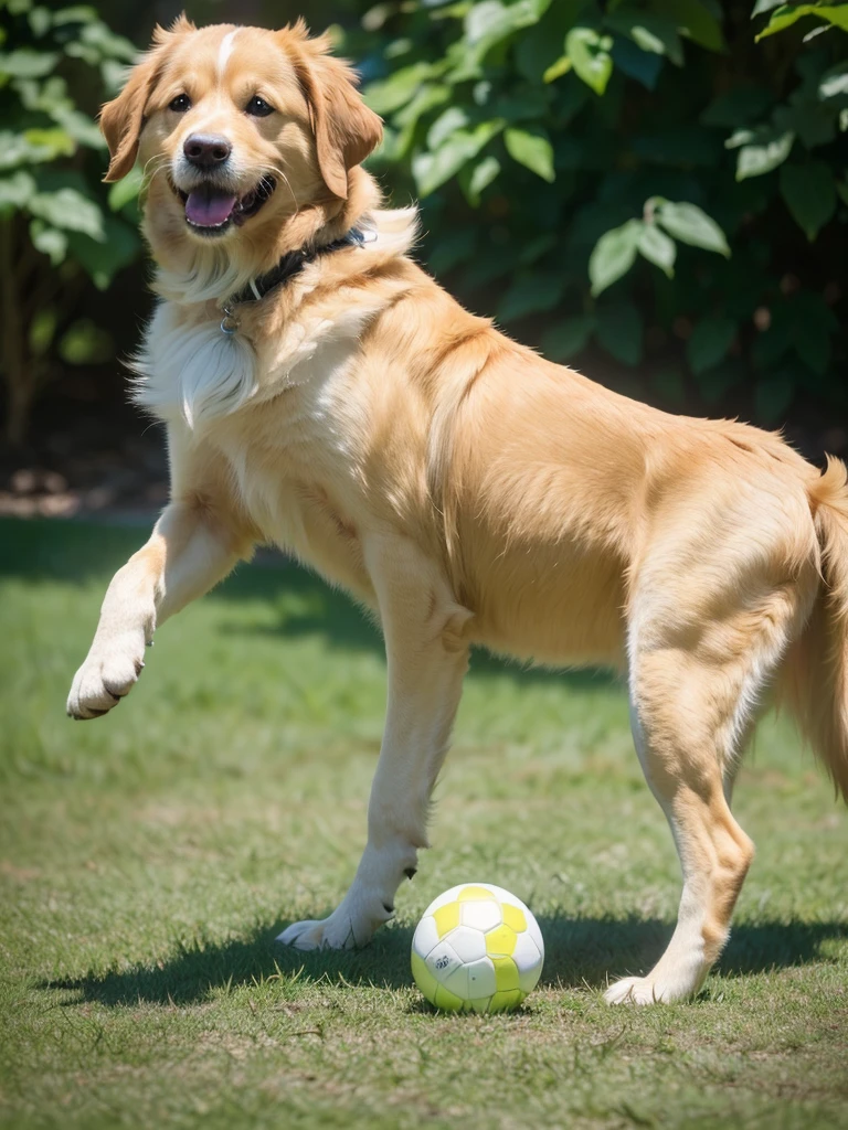 cute dog, golden retriever, dog playing with ball, adorable pet, happy expression, wagging tail, fluffy fur, outdoors, natural lighting, (best quality,4k,8k,highres,masterpiece:1.2),ultra-detailed,(realistic,photorealistic,photo-realistic:1.37),vibrant colors,shallow depth of field,natural environment