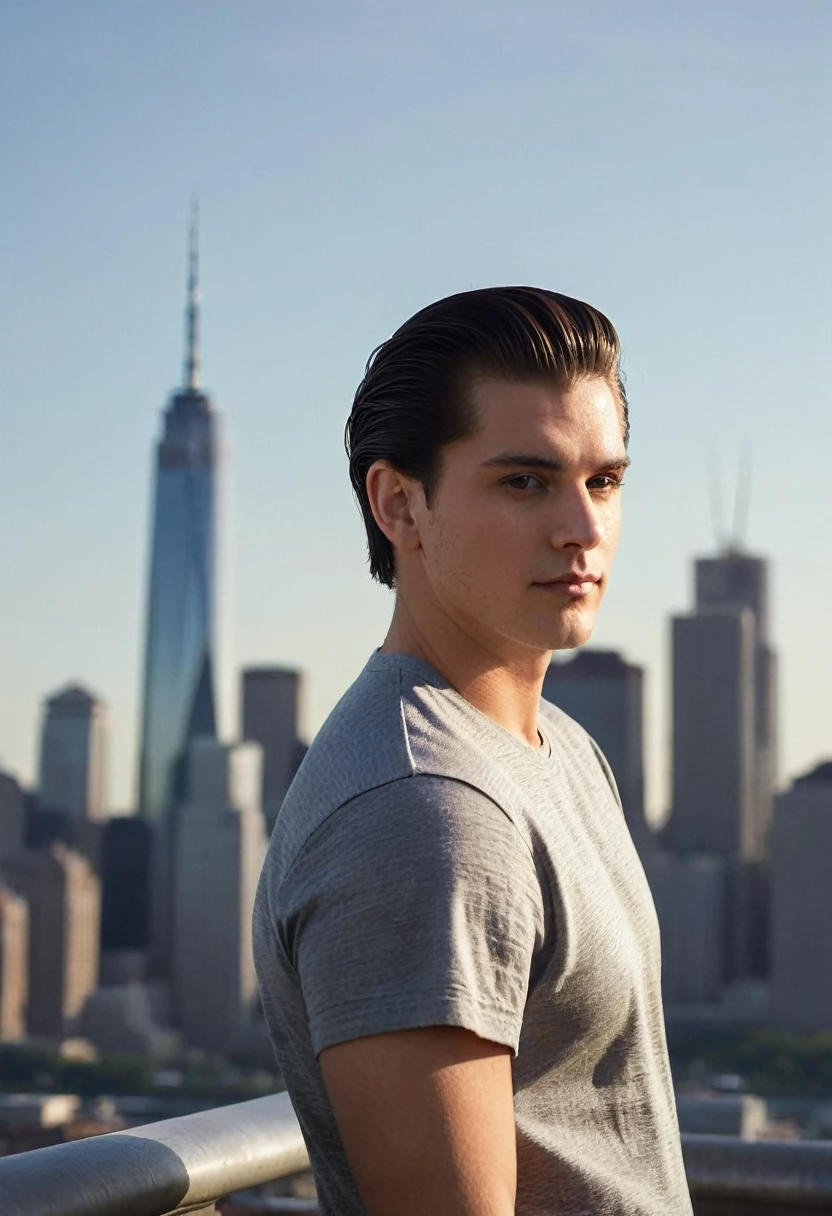 In casual attire and the city skyline as if caught on camera, a handsome 25 year old man looking out over the horizon, dark brown hair slicked back.