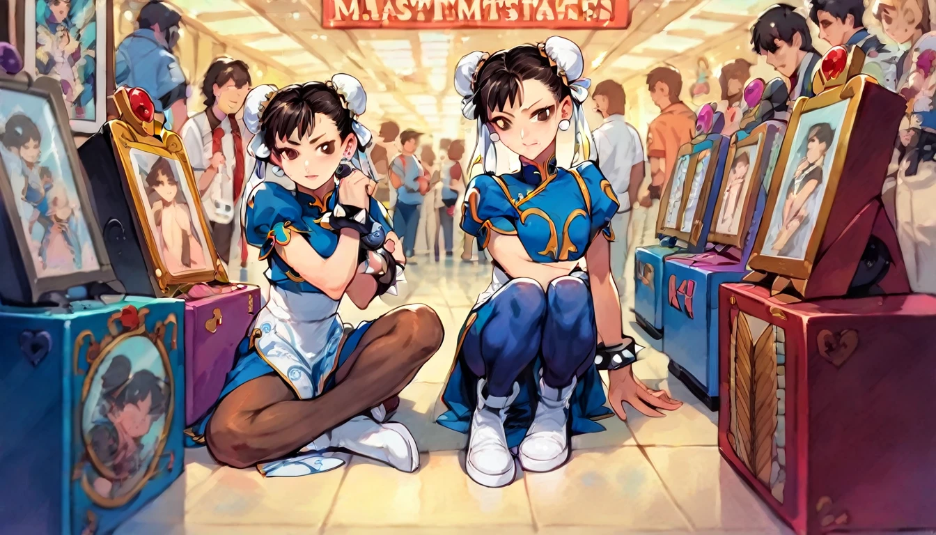 (ultra high quality), detailed face, high resolution, ((masterpiece)), ((best quality)), ((ultra detailed)), delicate, (ultra realistic), ((extremely detailed)), depth of field , ((cowboy photo: 1.4)), ((2girl)), group, sitting on the floor, ((varied poses)), elementary school girl, loly, short stature, , ((no bra)), small build, facing viewer, ((intricate arcade machines)), a row of arcade style machines sitting in a row in a video game room, game controller, game console, controller, television, short sleeve, sleeveless clothing, ( (white waistband)), ((Chun Li))), bows, covered bows, Chinese dress, qipao, blue suit, spiked bracelets, puffed sleeves, brown pantyhose, white boots, flat chest, flat stomach, tiny body, height small