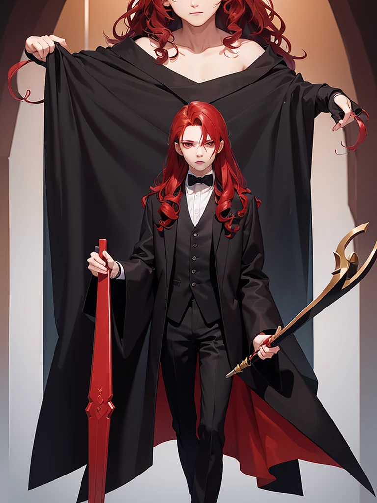 1boy,18 years old,,middle parted hairstyle,Standing facing backwards,talking,Curly hair, red hair, red eyes, long hair, vampire, handsome,Wearing a black robe, black pants, standing carrying a sickle,close up photo,close up photo