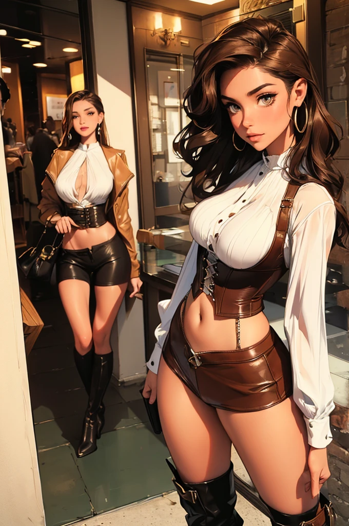 (masterpiece), best quality, expressive eyes, perfect face, (tavern background), (standing), (smirk), (closeup view), (1girl, vanessa alessia, dark skin, tanned skin, brown hair, wavy hairstyle, brown eyes, hourglass figure, thin body, skinny body, petite_body, medium breasts, thick thighs, long fingernails, white front lace blouse, long sleeve, loose fit, brown leather corset, brown leather shorts, brown boots, , flintlock pistol in holster, hoop earrings, miscellaneous jewelry), big breasts, stripping, elegant makeup, exhibitionism, naked in public, , slim thighs, toned body, shiny skin, sexy pose,narrow hips, wearing high hip thong and see-through top, amber eyes, (girl stripping on table), (v arms)