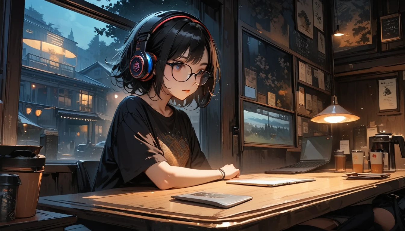 (((from behind))), ((8k of extremely detailed CG unit, Masterpiece, high resolution, highest quality, highest quality real texture skin)), (((indirect lighting))), (((Cafe with a calm atmosphere))), (((Big window with night sky))), (((Japanese style headphones,Glasses))), ((1One Coffee)), ((1 girl)), ((laptop)), (Japanese pattern T-shirt, denim), (Black hair, messy hair, beige skin), (surreal, digital painting)