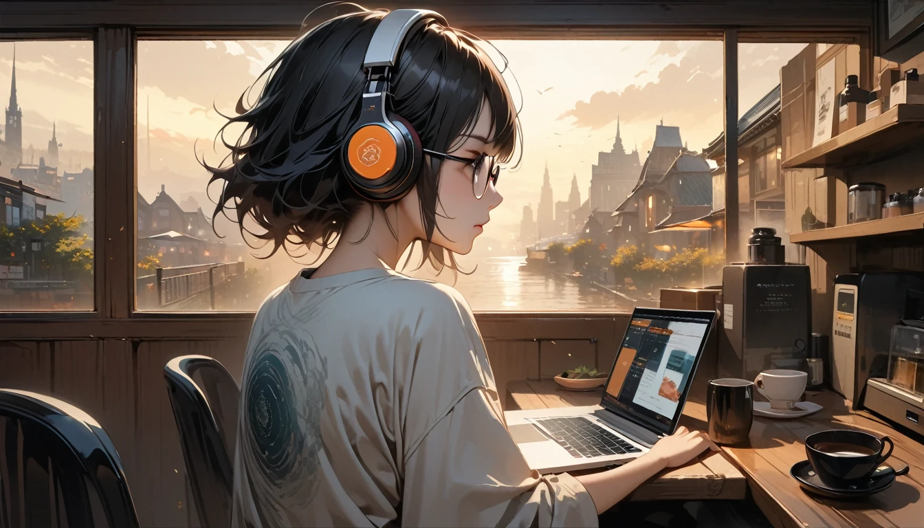 (((from behind))), ((8k of extremely detailed CG unit, Masterpiece, high resolution, highest quality, highest quality real texture skin)), (((indirect lighting))),  (((Cafe with a calm atmosphere))), (((Big window with night sky))), (((Japanese style headphones,Glasses))), ((１One Coffee)),  ((1 girl)), ((laptop)), (Japanese pattern T-shirt, denim), (Black hair, messy hair, beige skin), (surreal, digital painting)