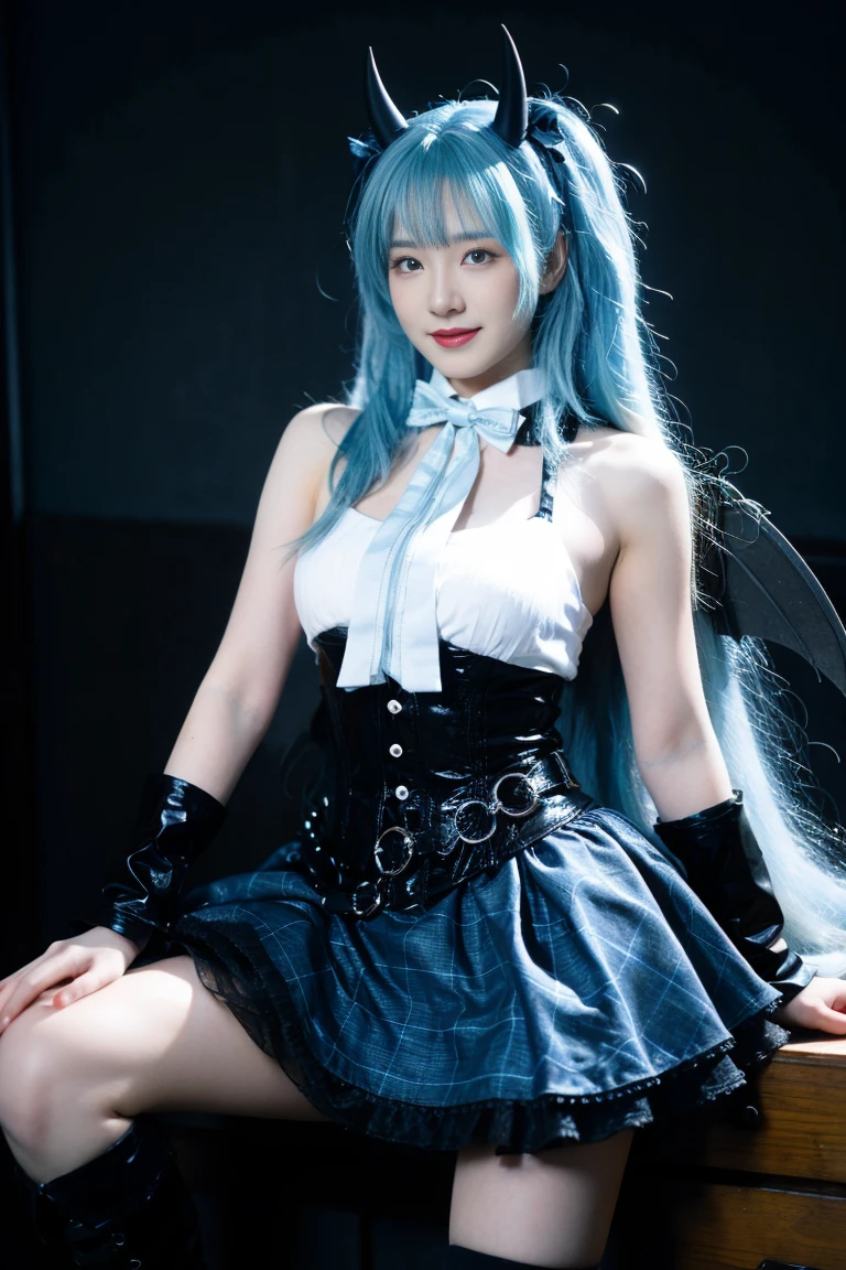 best quality, tmasterpiece,Ultra-high resolution,Clear face,(Reality:1.4),ferpect lighting,(upper body shot:1.5), (photorealistic:1.50), anime wallpaper, Guviz style artwork, cover-up fantasy up to magic , by Yang J, Guviz, beautiful artwork illustration, beautiful digital artwork, beautiful digital illustration, Li Song, beautiful anime portrait, art style in Beauvot, 1girl, 独奏, looking at viewer, smile, standing, full body, arms at side, hatsune miku cosplay costume, hatsune miku, cosplay, aqua hair, very long hair, twintails, shirt, corset, skirt, plaid skirt, detached collar, detached sleeves, arm warmers, bowtie, bow, horns, demon horns, demon wings, demon tail, ribbon, o-ring, chain, thigh strap, hair ribbon, hair bow, thighhighs, torn thighhighs, knee boots, belt boots, platform boots, Curtain background, indoor, sitting,