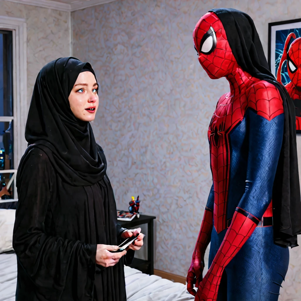Pale skin Woman in straight black hijab talking with marvel spiderman Peter Parker in young room night