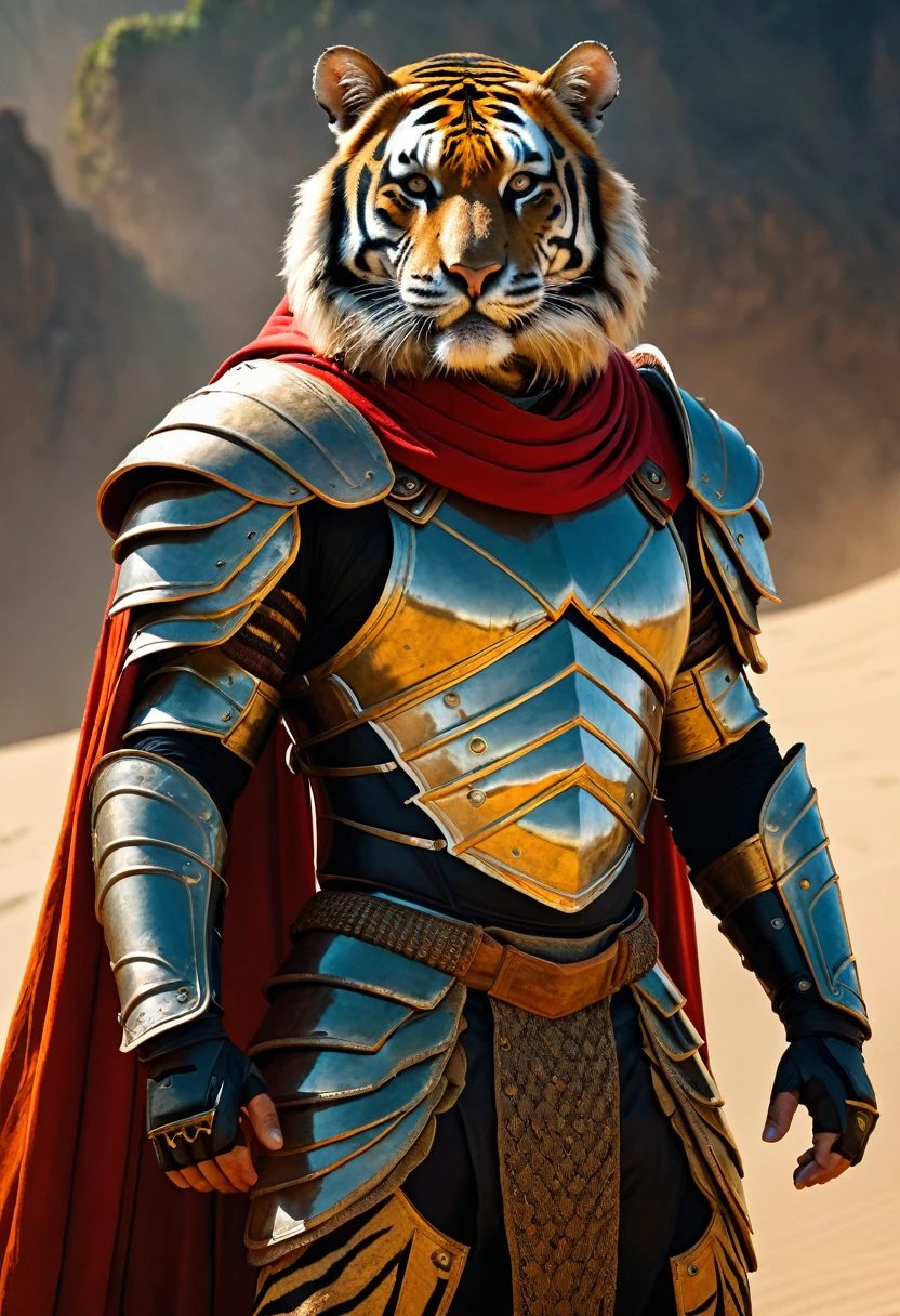 arafed image of a tiger dressed in armor and a cape, tiger warrior, king of the jungle, wojtek fus, the king in the jungle, scene from dune 2 0 2 1 movie, film still from dune 2020, malay warrior, powerful warrior, lord of beasts, by Adam Marczyński, cgsociety ), amazing wallpaper