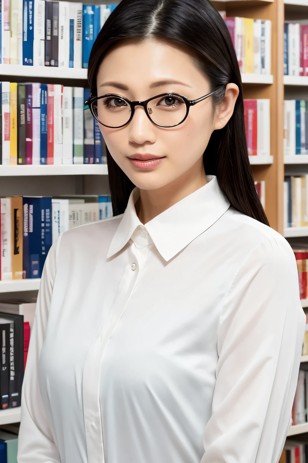 (Highest quality、Tabletop、8K、Award-winning works、Ultra-high resolution、Best image quality)、One beautiful woman、(The perfect white polyester collared shirt:1.3)、(Voluptuous body:1.1)、(Large :1.1)、(Elegant glasses:1.1)、library、(Standing Elegantly:1.1)、(Str blurred background:1.1)、Stand nex a bookshelf、(Perfectly organized bookshelf:1.1)、Bookshelf in the background、居心地の良いlibrary、lipstick、Long eyelashes、Perfect Makeup、Accentuate your body lines、soft and warm lighting、Detailed bookshelf、(Ultra-high resolutionの正確な美しい髪:1.1)、(Accurate anatomy:1.2)、Ultra-high definition beautiful eyes、(Super bright and radiant skin:1.1)、(Face close-up:1.1)、Staring at mesed lips