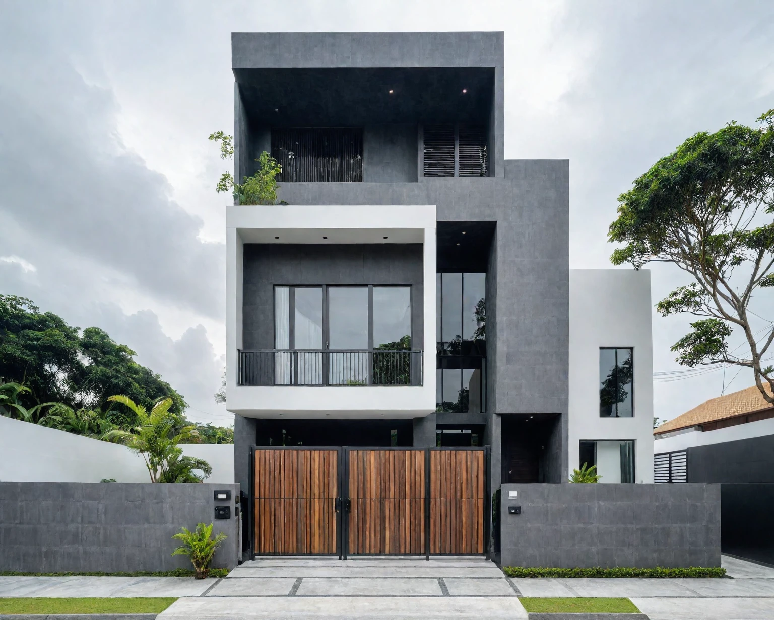 RAW photo, a photo of a modern villa with a car parked in front of it, ((1/2 dark grey wood facade)), architectural shot, gate, road, viet nam modern residence, rough white wall, new residential area, wide angle exterior 2022, contemporary house, exterior photography, contemporary architecture, overcast, indirect lighting