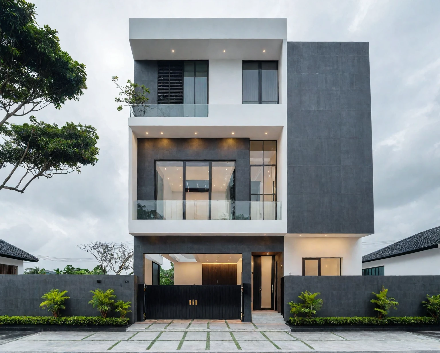 RAW photo, a photo of a modern villa with a car parked in front of it, ((1/2 dark grey wood facade)), architectural shot, gate, road, viet nam modern residence, rough white wall, new residential area, wide angle exterior 2022, contemporary house, exterior photography, contemporary architecture, overcast, indirect lighting