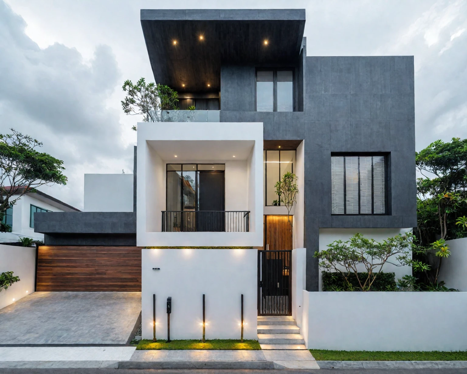 RAW photo, a photo of a modern villa with a car parked in front of it, ((1/2 dark grey wood facade)), architectural shot, gate, road, viet nam modern residence, rough white wall, new residential area, wide angle exterior 2022, contemporary house, exterior photography, contemporary architecture, overcast, indirect lighting