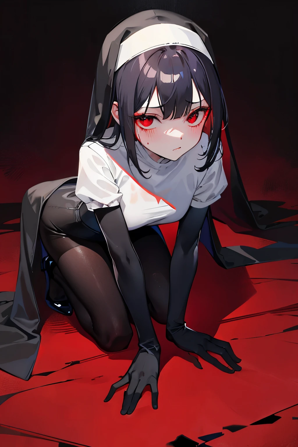 underdressing，High heel，Expression of disgust，Red Eyes，Sweat，Soaked，liquid，transparent，Cropped tops，nun，stocking，Black pantyhose，Crawling on all fours，Close Range