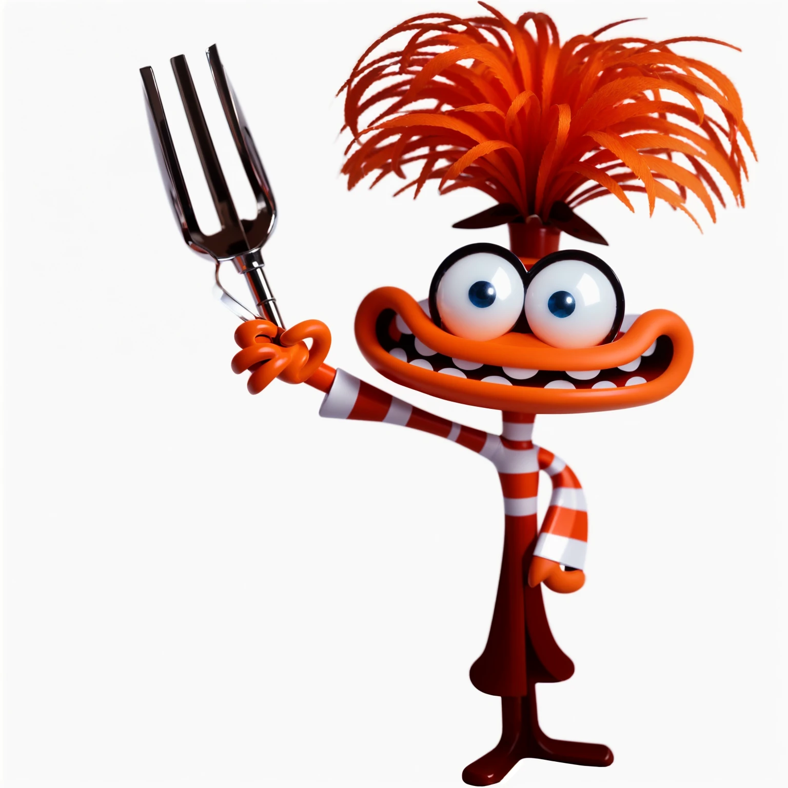 ORANGE CHARACTER. WEARING A STRIPED VEST AND BROWN PANTS. HOLDING A METAL FORK. glossy texture, smooth 3d model, multiple light sources, rim light, sharp post effects render, (glossy plastic texture with multiple big light probe refractions), perfect cgi, smooth silhouette, high intensity refraction, (super glossy material), most beautiful vfx, blue background, plastic refractions, realistic, 4k, high resolution, rim light, photo shoot, commercial photo, profile shot, 4k, rim light, high resolution, 4k, glossy texture, smooth 3d model, multiple light sources, rim light, sharp post effects render, (glossy metallic texture with multiple big light probe refractions), perfect cgi, cgi art created only with gradients, smooth silhouette, high intensity refraction, (super glossy chrome material), most beautiful vfx, blue background, chrome metal refractions, multiple light sources, rim light, sharp post effects render, perfect cgi, digital art, detailed digital art, reflective, best quality, 4k, masterpiece:1.2, ultra-detailed, realistic, vivid colors, dark and moody lighting, The image of the highest quality, ensuring every detail showcased perfectly. It in 4k resolution, allowing viewers to immerse themselves in the richness of the colors and intricate details. The realistic rendering. under the spotlight, reflecting, high-resolution image, realistic rendering, dark background, and rim light photorealistic