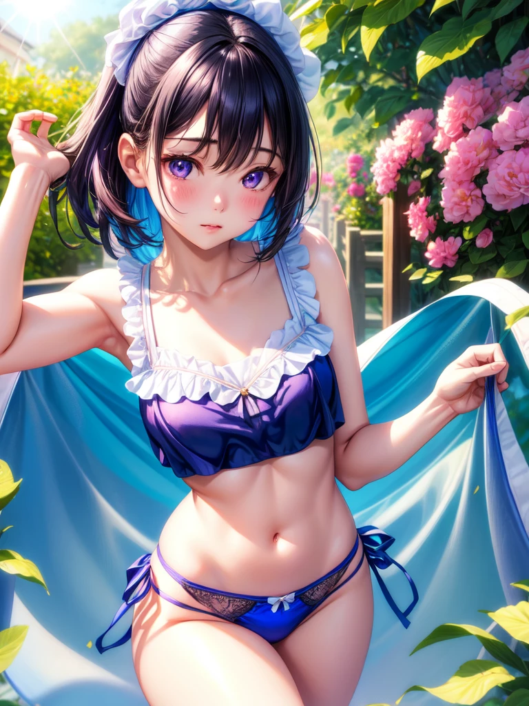 (satin、silk、(Blue panties))、Realist, 1 girl, In white, Purple Eyes, Bright Eyes, Crop top, skirt, Chapped lips, blush, evening, Flores, sun, sunlight,