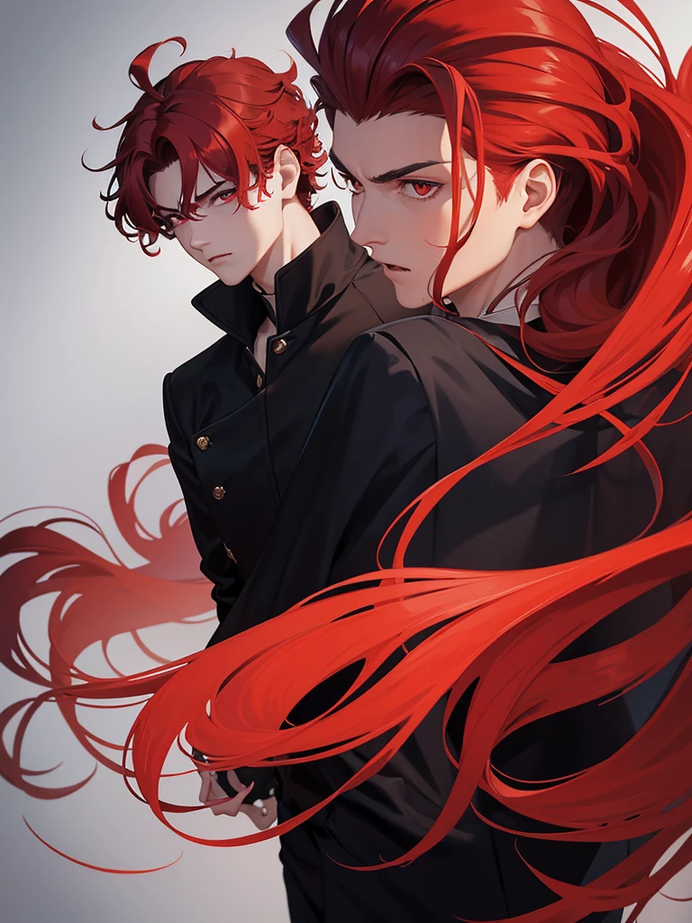 1boy,18 years old,,middle parted hairstyle,Standing facing backwards,talking,Curly hair, red hair, red eyes, long hair, vampire, handsome,Wearing a black robe, black pants, standing,close up photo,close up photo