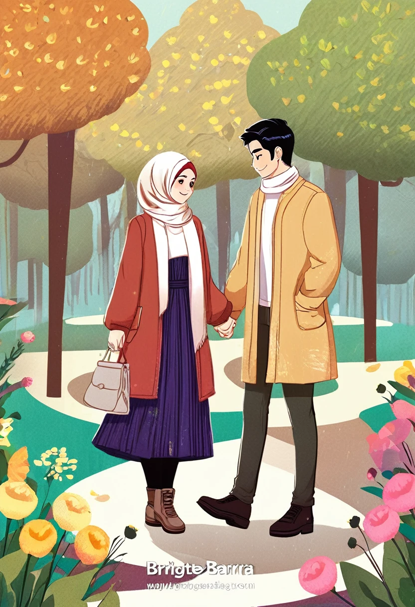 manga style, a beautiful hijab woman and a handsome man in casual clothes are holding hands in the middle of flower park, digital art, cover illustration, 70mm, 7 0 mm, 70 mm, book cover illustration, by Brigette Barrager, album cover, novel cover art for a book, art concept for a book cover, cover art, 7 feet tall