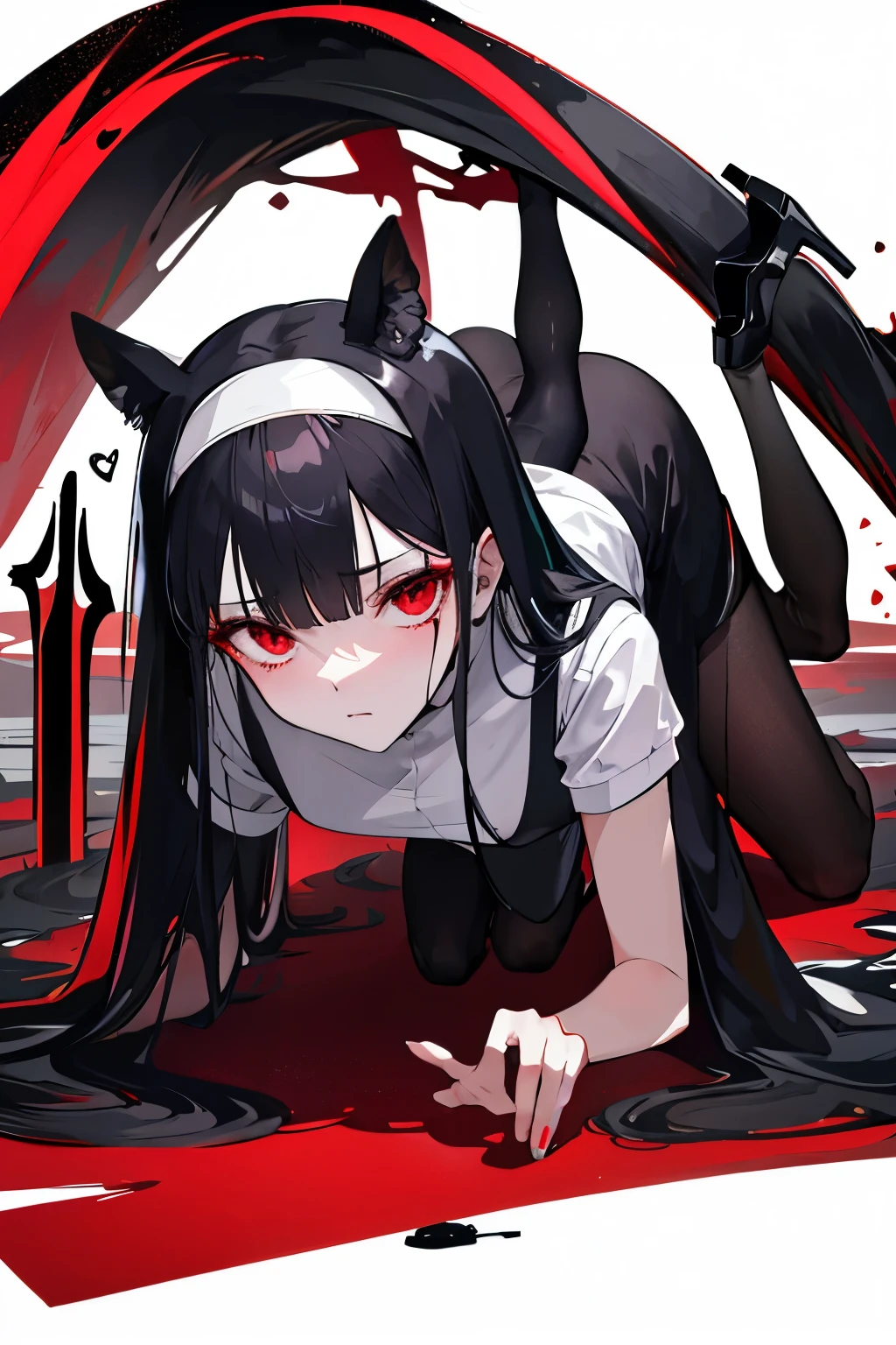 underdressing,High heel,Expression of disgust,Red Eyes,Sweat,Soaked,liquid,transparent,Cropped tops,nun,stocking,Black pantyhose,Crawling on all fours,Close Range
