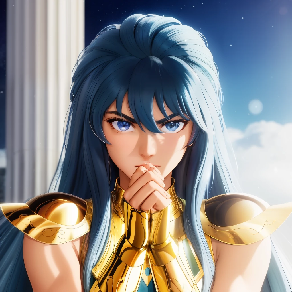 AquariusArmor, shoulder_armor,  no helmet,  (masterpiece:1.0), (best quality:1.0), (ultra highres:1.0) ,(8k resolution:1.0), (realistic:1.0), (ultra detailed1:0),(RAW photo:1.0), HDR, photography, Kodak Portra 400, film grain, blurry background, vibrant color, bokeh, lens flare, ((perfect hands)), ((perfect arms)), (perfect face), {{perfect anatomy}},(hand of Guido Daniele), wide shot, small hands, slim fingers,
greek temple, very detailed background,  1girl wear golden AquariusArmor,  golden armor, solo, medium blue hair, black eyes, angry, looking at viewer, focused face, detailed face, vibrant colors, symmetric eyes, visible lips, standing, (upper body:1.2),