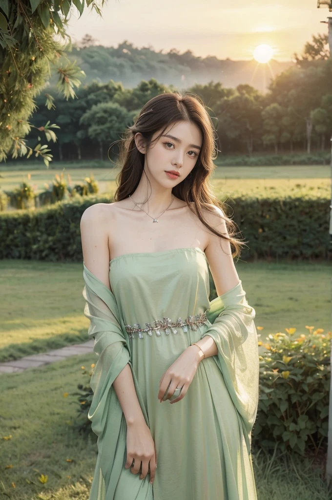 (((best quality))),(((ultra detailed))),(((masterpiece))),illustration,1 beautiful girl,solo,slim,thin,flat chest,shoulder length straight bob hair,flowing hair,fair skin,sparkling eyes,cherry red dress,delicate silver necklace,lush green grass,dewdropletts,lush trees,bird chirping,rustling leaves,brilliant sky,rising sun,shimmering shadows,serenity,gratitude,awe,wonders of nature,peace,contentment,magnificent world,summer,(sunrise:1.5),(dawn:1.5),upper body,from front,after rain,wet,standing
