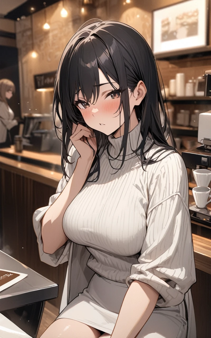 (masterpiece, Highest quality:1.2), Mature Woman、Married Woman、40 years old、Black long hair、{wrinkle}、White tight sweater、{Flesh-colored jacket}、White short skirt、Coffee shop