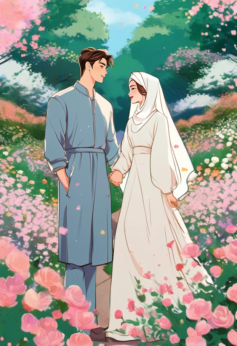 manga style, a beautiful korean face hijab woman and a handsome man in casual clothes are holding hands in the middle of flower park, digital art, by Marshall Arisman, cover illustration, 70mm, 7 0 mm, 70 mm, book cover illustration, by Brigette Barrager, album cover, novel cover art for a book, art concept for a book cover, cover art, 7 feet tall