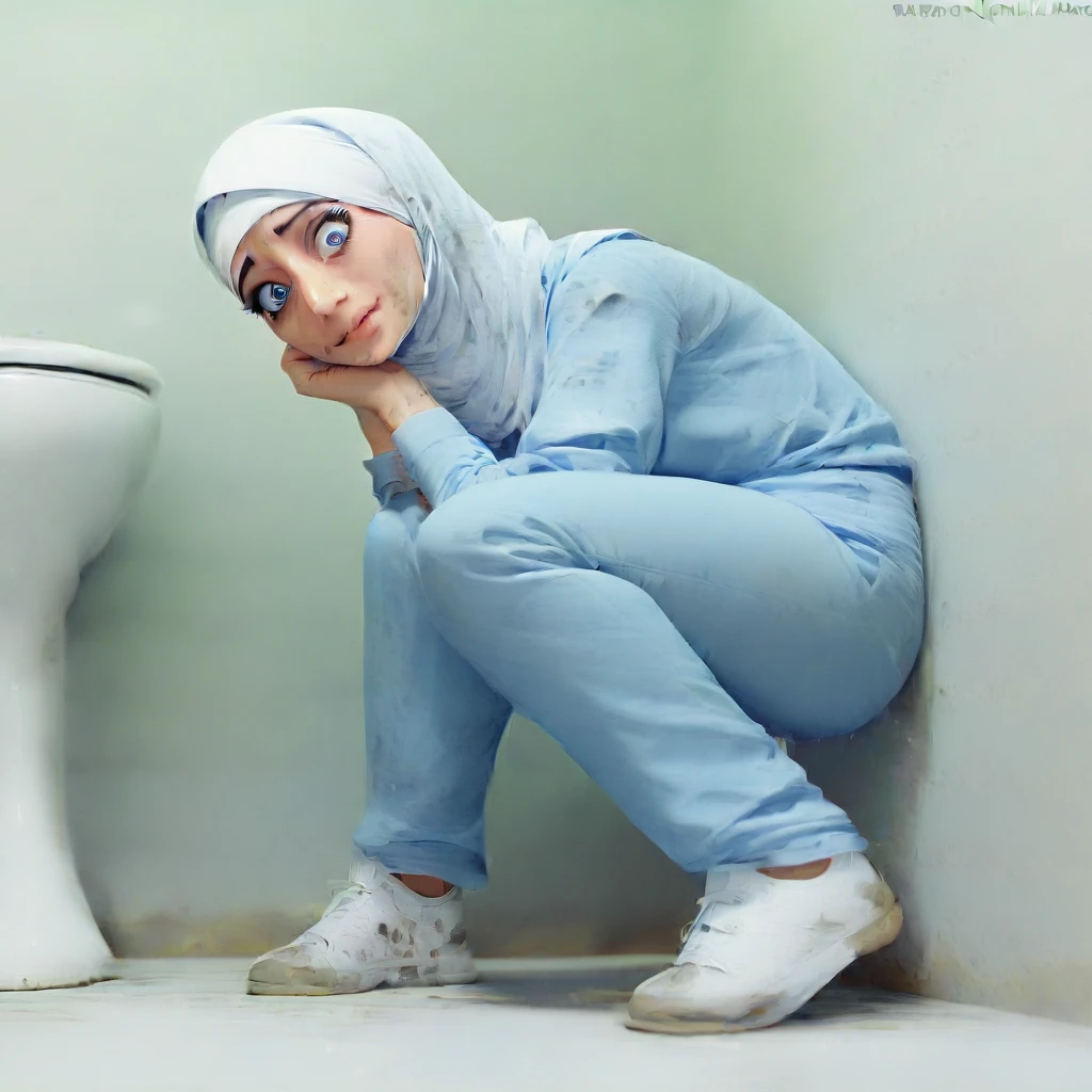 Ultra-realistic, 4k, 1girl, hot cute face, pretty face, cute eyes, hot body, wearing white hijab, dark-blue medical scrubs pants, dark-blue medical scrubs top, white sneakers, nervous facial expressions, very sweaty, both hands on ass, in dirty dark public toilet, near the toilet, dirty toilet walls, dirty toilet floor, dirty toilet, dirty clothes, sweaty clothes, (((make the whole image filthy and dirty))), (((mud on the floor and mud overflowing from toilet bowl))), stinky atmosphere, filthy atmosphere, mud everywhere, mud on face, mud on pants, disgusting toilet,