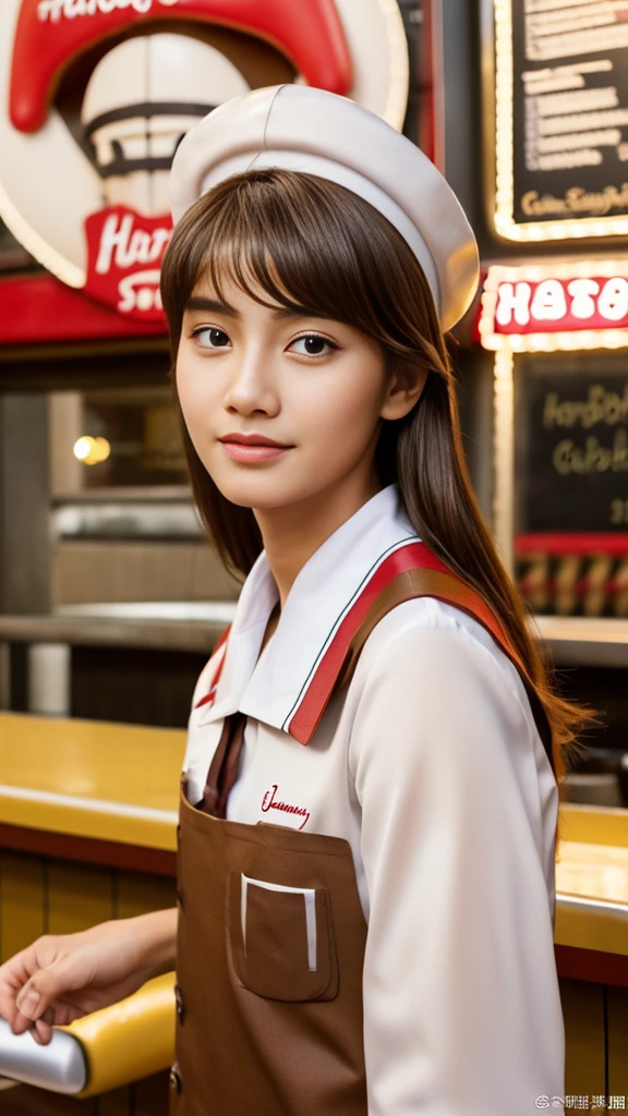 masterpiece, highest quality, Fotoreal, super detail, fine, High resolution, Wallpaper 8k, professional, Advanced details, ((A high school boy who works at a hamburger shop:1.2)), slim Indonesian man,, collarbone detail, Medium chest、perfect face, (facing forward:1.2)、medium long hair, chestnut hair、(Hamburger shop uniform:1.5)、cute face、(look straight ahead:1.5)、(brown skin:1.5)、Full body photo
