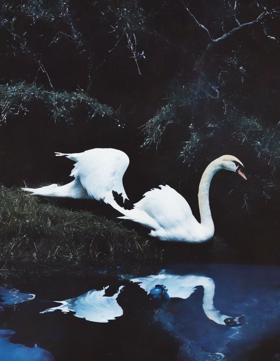 film photography, vintage, close up photo of white swan in black water, blue dark forest night background
