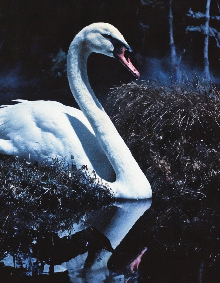 film photography, vintage, close up photo of white swan in black water, blue dark forest night background