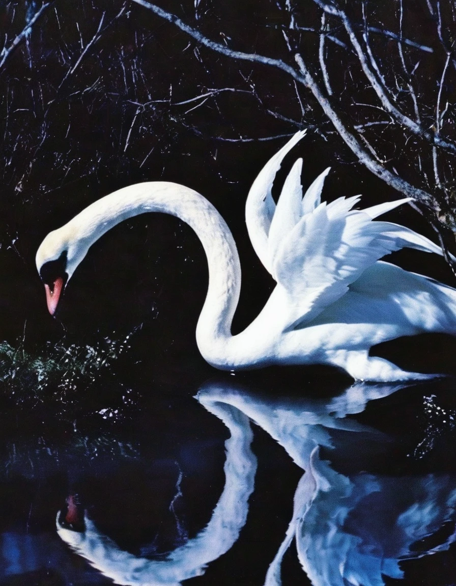 film photography, vintage, close up photo of white swan in black water, blue dark forest night background