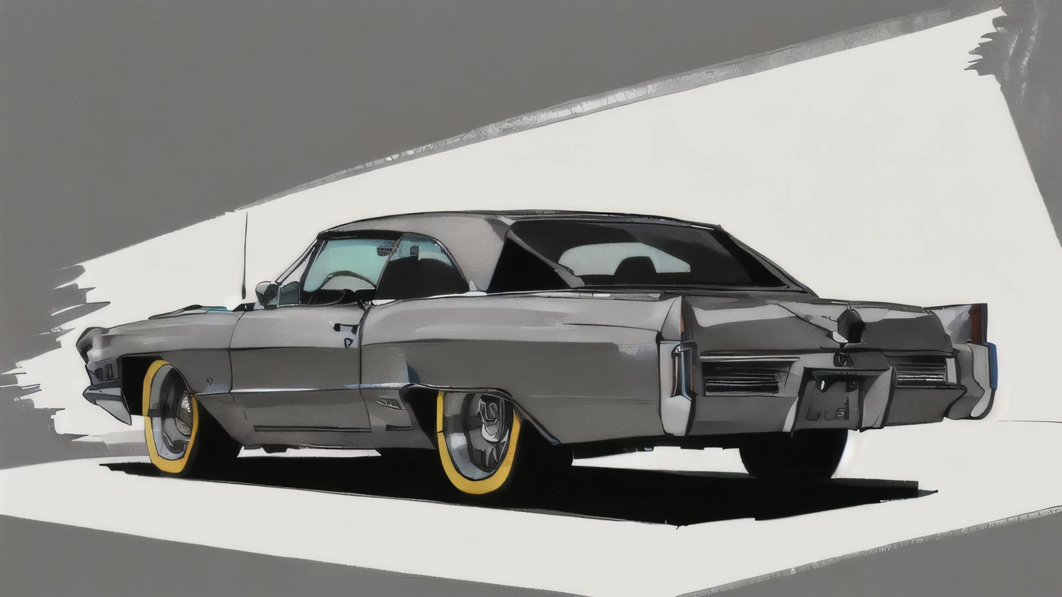 Dark grey colored 1967 cadillac deville coupe, 2 door, pop art, cartoonish style , sketch, detailed illustration, slammed to the ground, large black staggered wheels, wide bodykit, masterpiece, highly detailed ((([simple grey background])))
