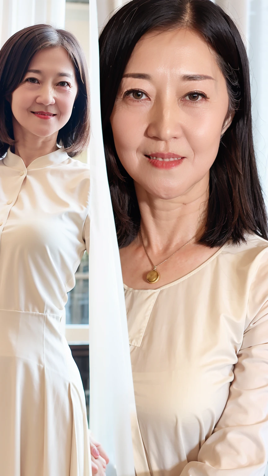60-year-old female， Soft headlight，High-density imaging，（Clean and delicate face），((White suit))，((Various dynamic poses))，((((Half-length photo))))，((White curtains in the background))，best quality，masterpiece，（Soft colors：1.2）