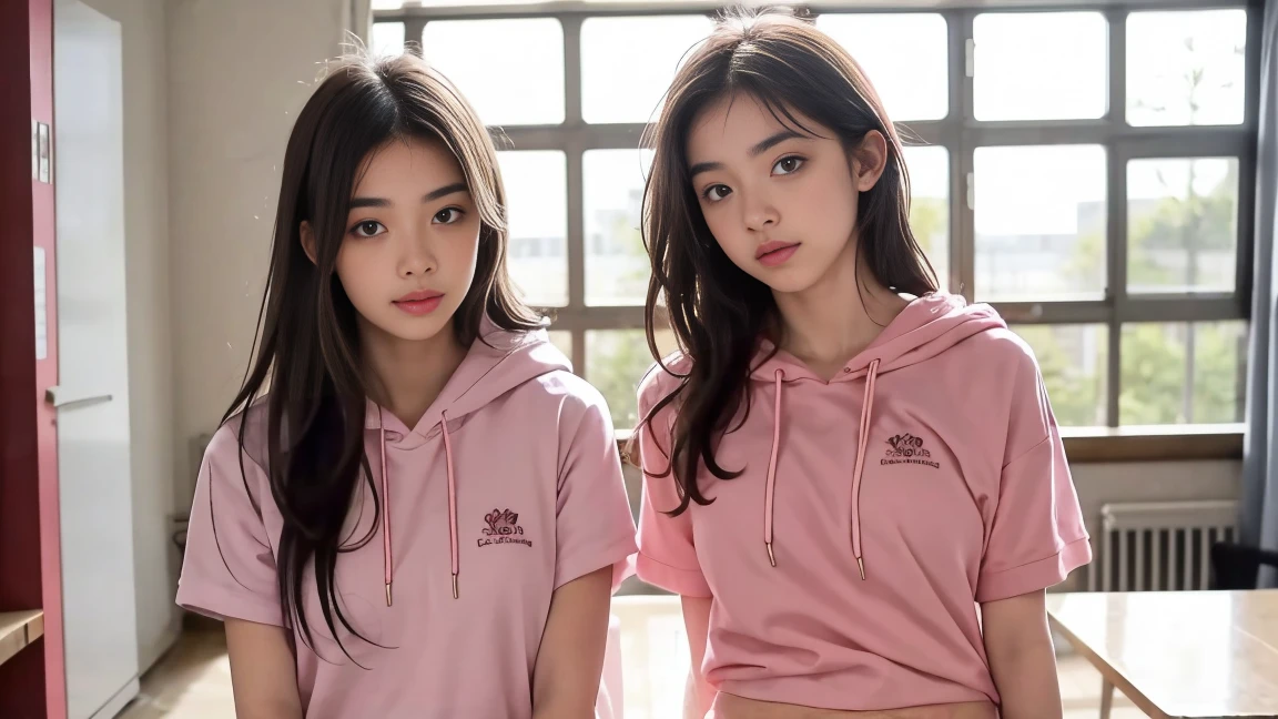 deux femmes ensemble de 18 ans sexy et mince , pink short sleeve hoodie , salle de classe, se touche,position sey,sensuel