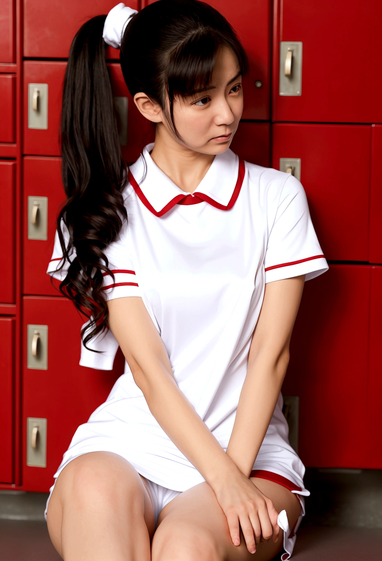 (gym uniform,red buruma, white shirt, short sleeves, thighs:1.3),
indoors, locker room,
(35 year old woman,mature female:1.2),depth of field,ponytail, black hair,(ribbon:1.2), (embarrassed,blush:1.3)