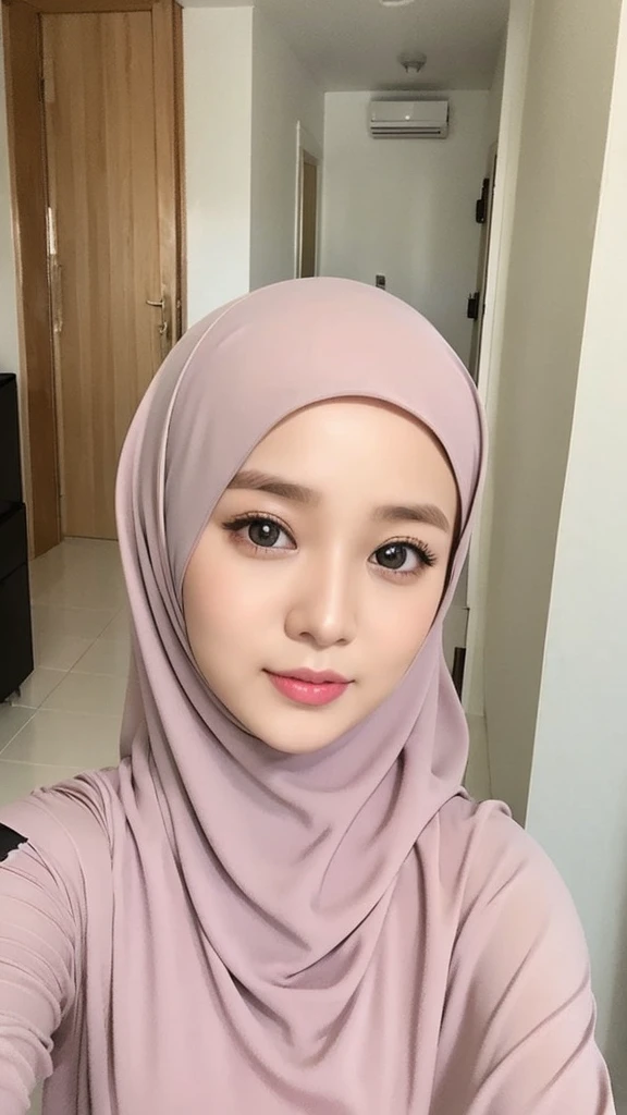 adorable, 1 girl, (face to face), , baby face, happy, half body portrait, (face details: 1), (eye details: 1), ((big breasts)transparent soft purple long shirt, hijab, .. Cute posed. proportional body. Ultra High Res. realistic: 1.4, UHD, (floral pattern)