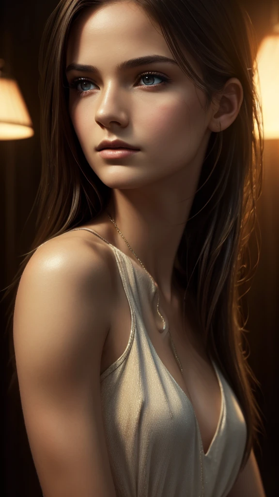 A beautiful young girl with striking features, intricate details, and a serene expression, 1girl, extremely detailed eyes, beautiful detailed lips, porcelain skin, long slender neck, delicate facial features, elegant pose, flowing hair, (best quality,4k,8k,highres,masterpiece:1.2),ultra-detailed,(realistic,photorealistic,photo-realistic:1.37),highly detailed portrait, fine art portrait, photorealistic digital painting, dramatic lighting, warm color tones, cinematic lighting, dramatic shadows, moody atmosphere