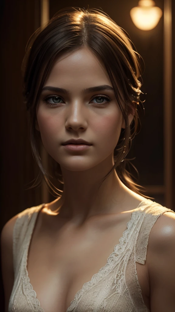 A beautiful young girl with striking features, intricate details, and a serene expression, 1girl, extremely detailed eyes, beautiful detailed lips, porcelain skin, long slender neck, delicate facial features, elegant pose, flowing hair, (best quality,4k,8k,highres,masterpiece:1.2),ultra-detailed,(realistic,photorealistic,photo-realistic:1.37),highly detailed portrait, fine art portrait, photorealistic digital painting, dramatic lighting, warm color tones, cinematic lighting, dramatic shadows, moody atmosphere
