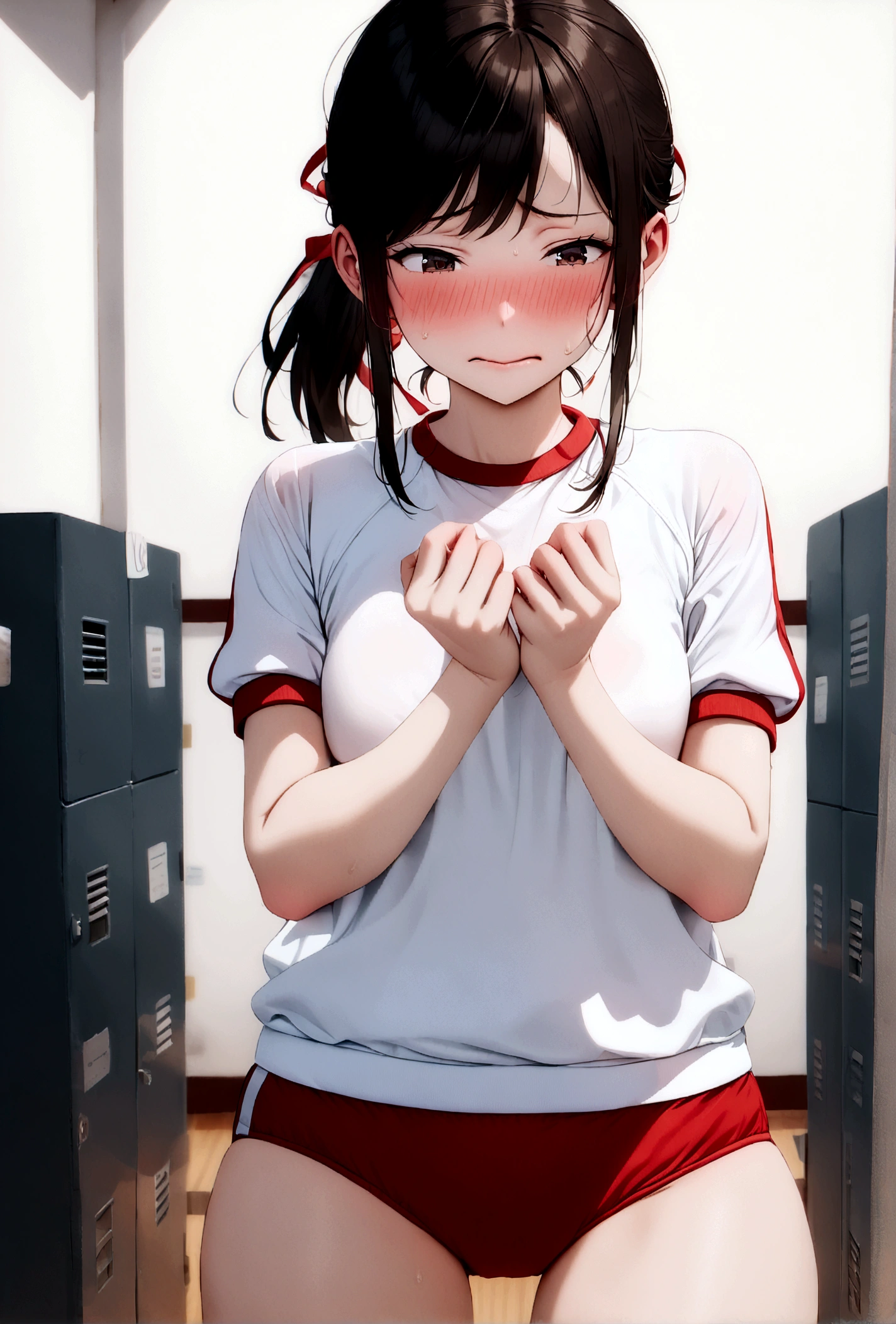 (gym uniform,red buruma, white shirt, short sleeves, thighs:1.3),
indoors, locker room,
(35 year old woman,mature female:1.2),depth of field,ponytail, black hair,(ribbon:1.2), (embarrassed,blush:1.3)
