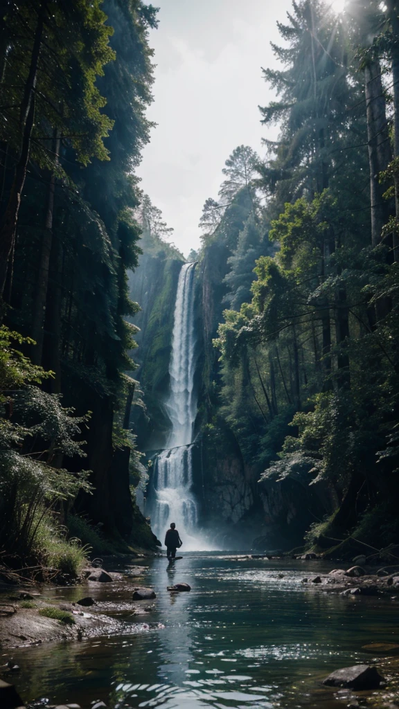 Devastated and feeling hopeless, Kai left the island and wandered into the nearby forest, There, he met a wise old man who was sitting by a stream, 4k realistic imagery, blue scenery like a movie scene, old american setting, inspired by blade runner movie scene, blue tone, 9:16 aspect ratio