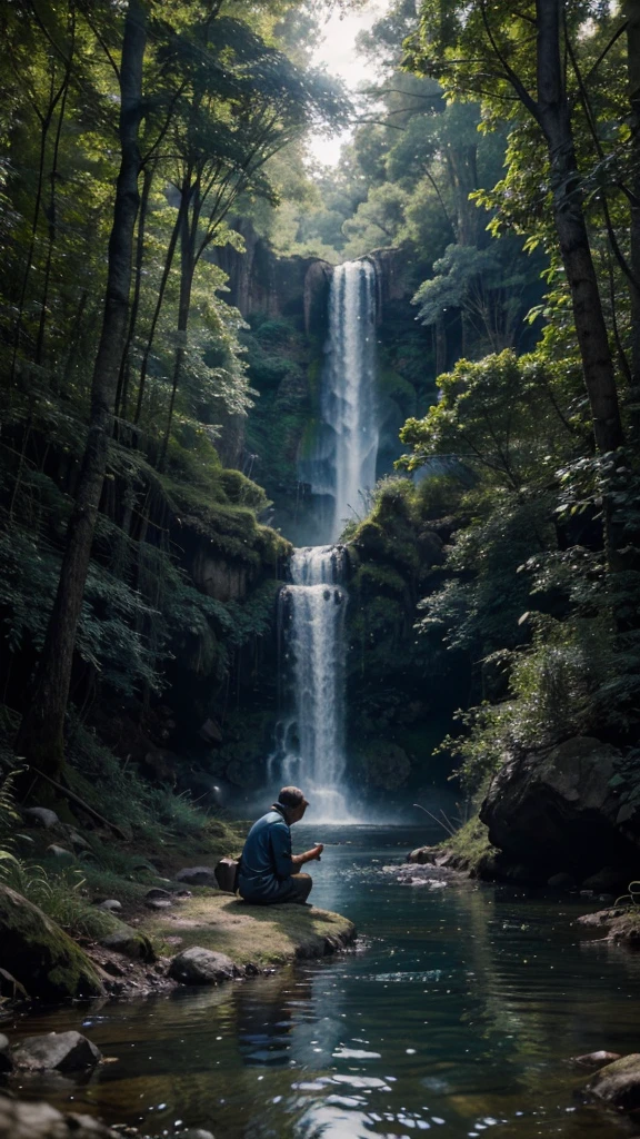 Devastated and feeling hopeless, Kai left the island and wandered into the nearby forest, There, he met a wise old man who was sitting by a stream, 4k realistic imagery, blue scenery like a movie scene, old american setting, inspired by blade runner movie scene, blue tone, 9:16 aspect ratio