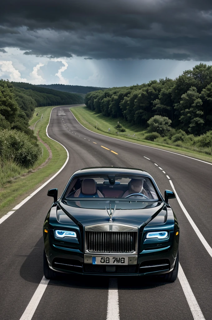 A rolls Royce is going to the highway in the thunderstorm 