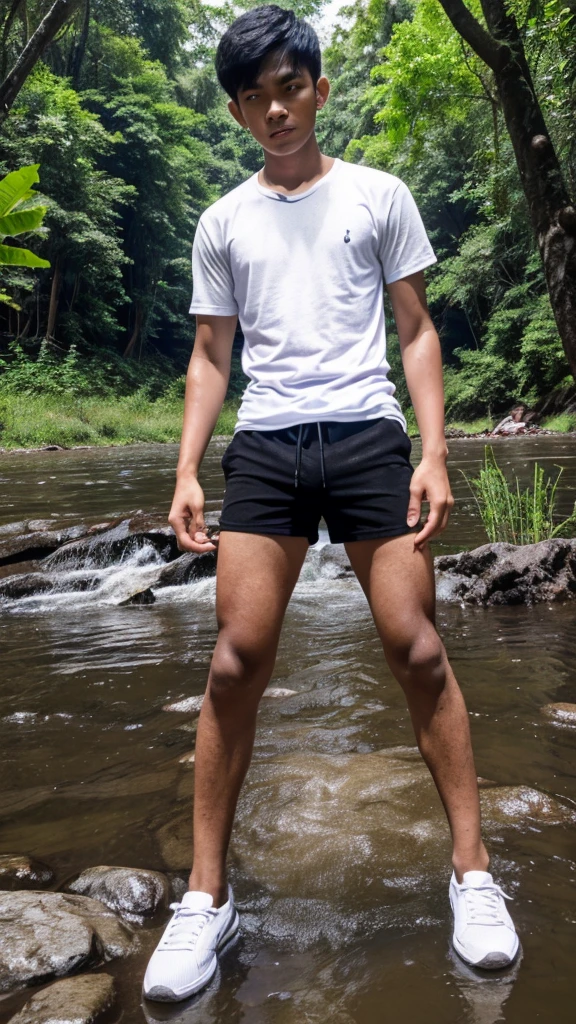 full body portrait photo with natural effect. clothes: Wearing a white t-shirt, skinny, white volleyball shorts,bigger Phallus. shoes: wearing black shoes. situation: Handsome Indonesian young man in the river with his clothes wet from the river water.