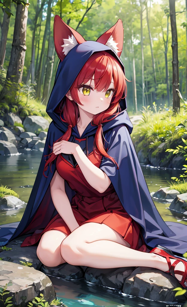 8k, best quality, (photorealistic:1.4), raw photo, 1girl, red hair, animal ears, blue hooded cape, ears sticking out, pose: sitting on a rock in a forest river, yellow eyes, -