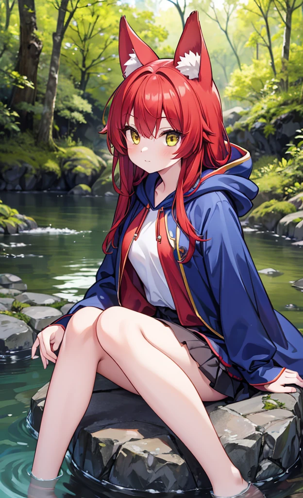 8k, best quality, (photorealistic:1.4), raw photo, 1girl, red hair, animal ears, blue hooded cape, ears sticking out, pose: sitting on a rock in a forest river, yellow eyes, -