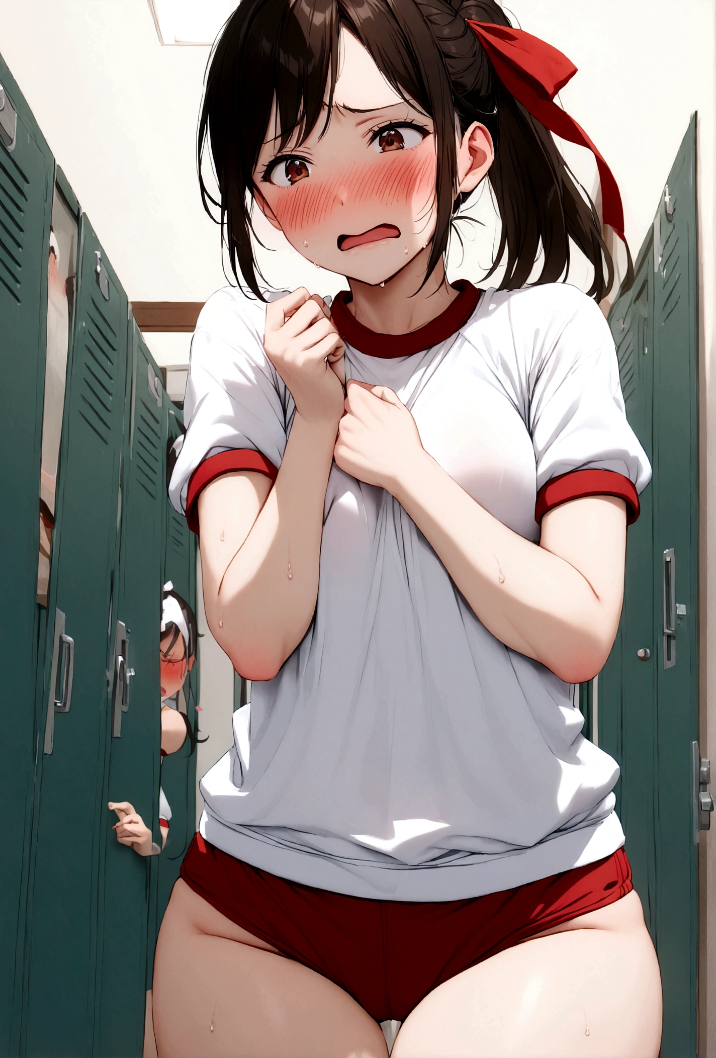 (gym uniform,red brown, white shirt, short sleeves, thighs:1.3),
indoors, locker room,
(35 year old woman,mature female:1.2),depth of field,ponytail, black hair,(ribbon:1.2), (embarrassed,blush:1.3)
In the city