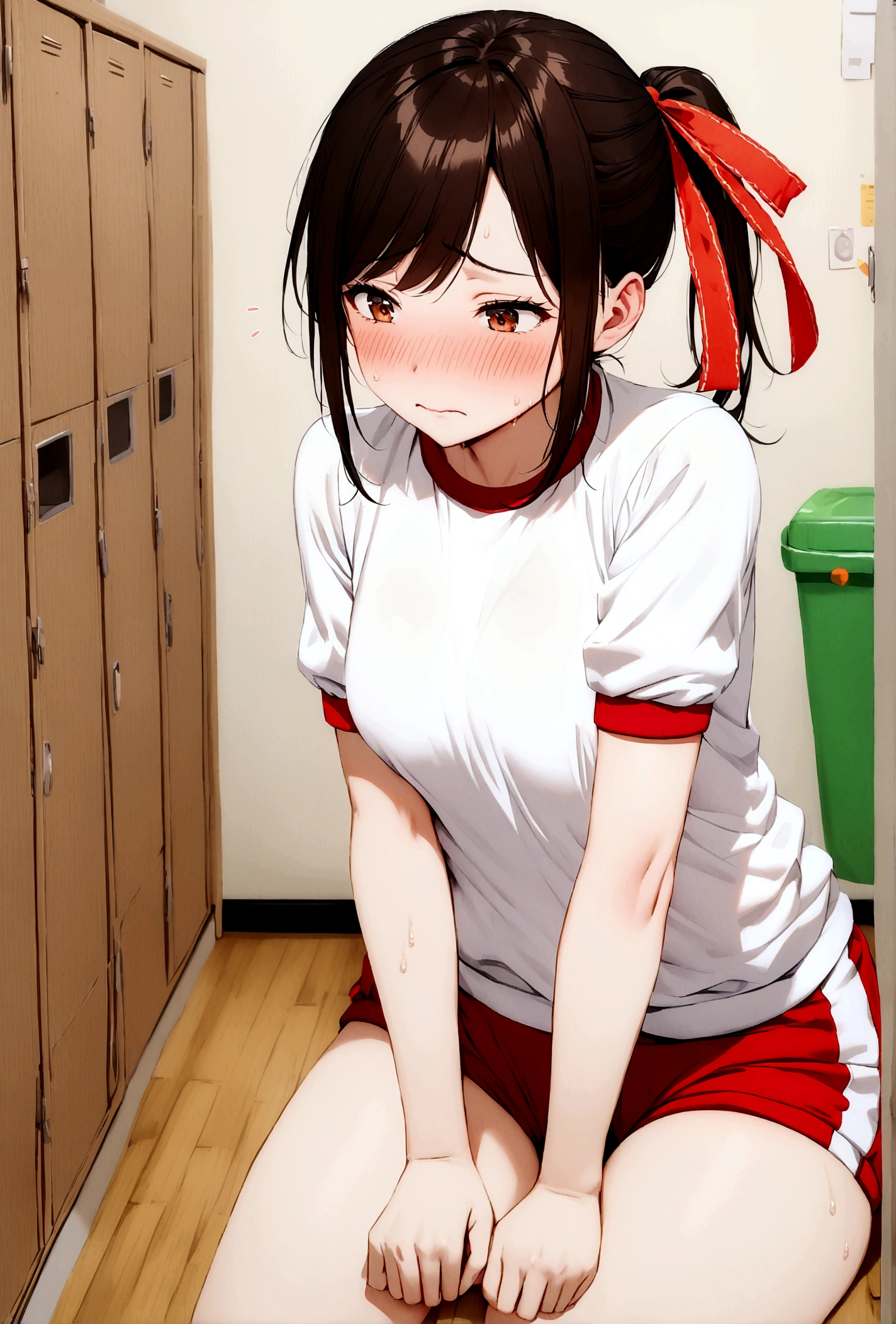 (gym uniform,red brown, white shirt, short sleeves, thighs:1.3),
indoors, locker room,
(35 year old woman,mature female:1.2),depth of field,ponytail, black hair,(ribbon:1.2), (embarrassed,blush:1.3)
In the city