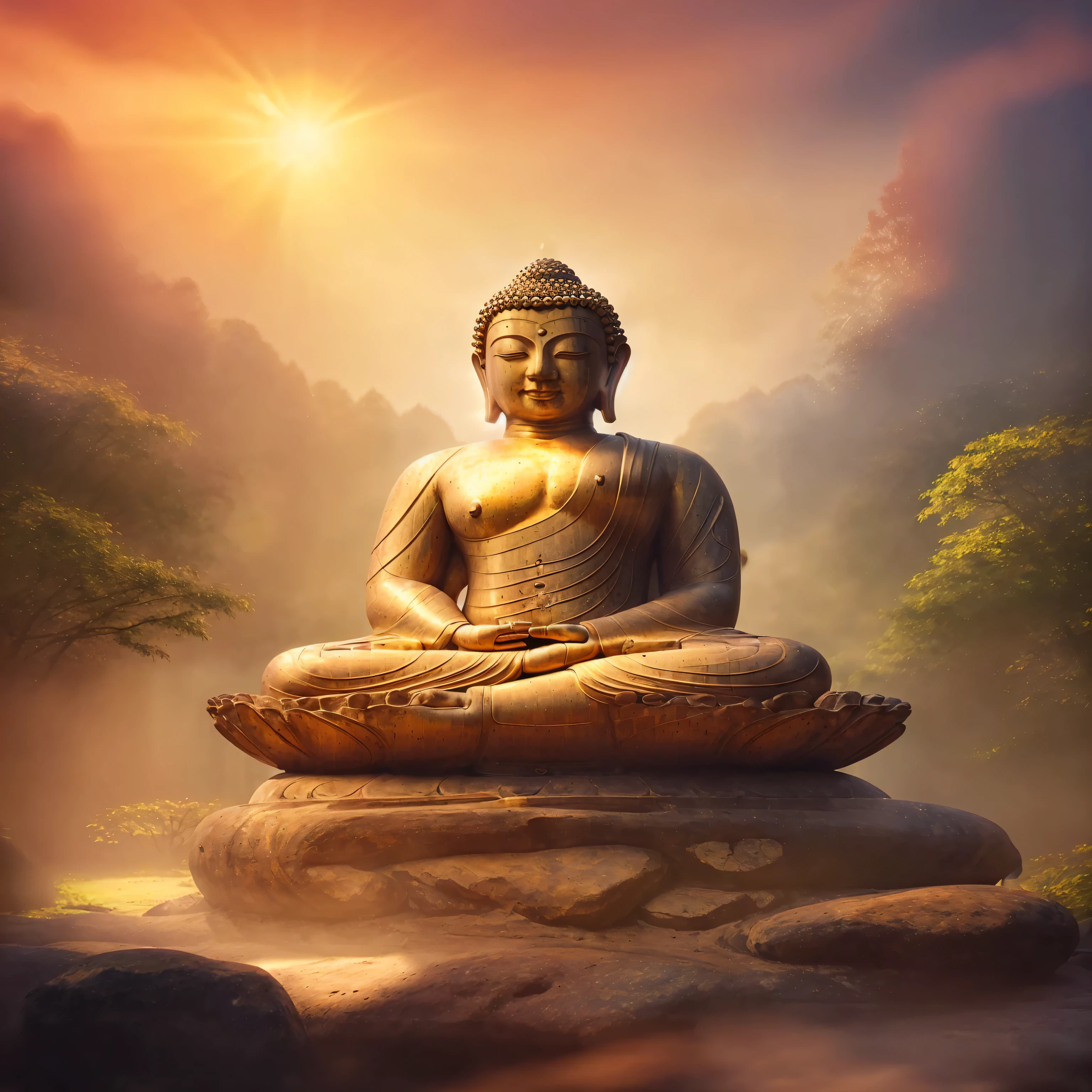 BUDDHA STATUE, stone, Texture, Tall, Majestic, The background is illuminated by sunlight
