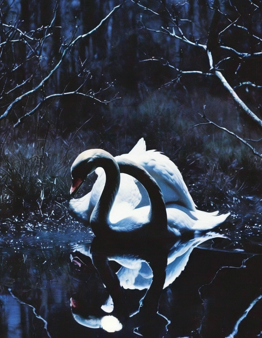 film photography, vintage, close up photo of white swan in black water, blue dark forest night background